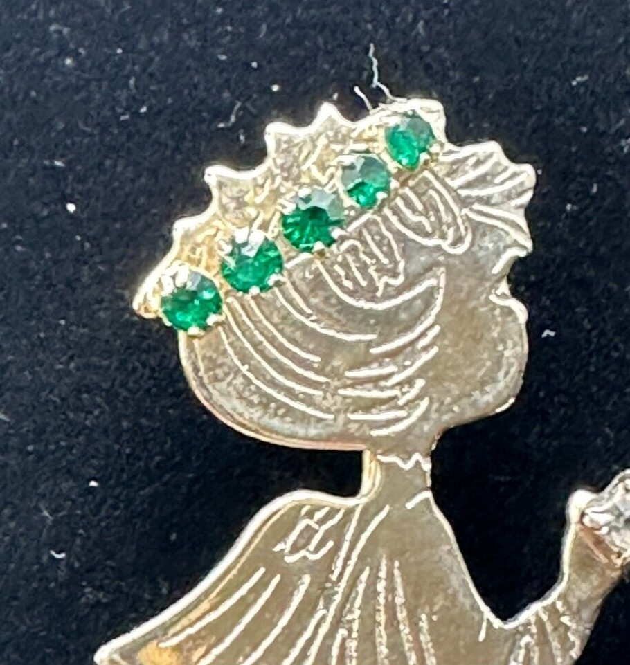 Praying Angel Etched Silver Tone May Green Birthstone Rhinestone Halo Brooch Pin
