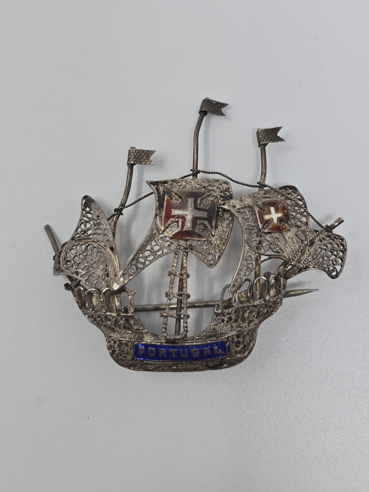 Old Portugal Silver Tone Sail Ship W/ Filigree Brooch Pin