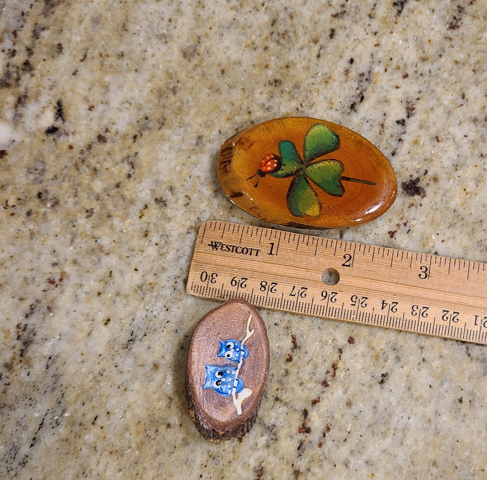 Vintage-Hand Painted Lady Bug & Owl Wood Brooch. Set of 2 Earthy Boho Nature