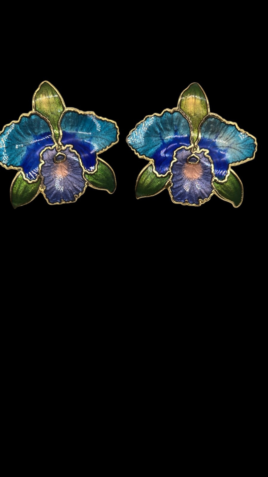 Vintage Cloisonne Blue Purple And Gold Orchid Flower Earrings