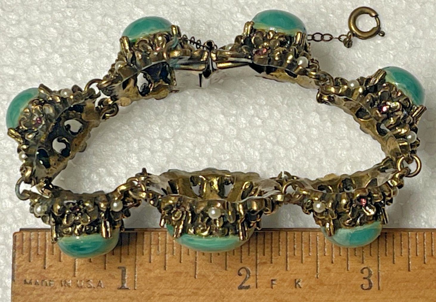Vintage Selro or Selini Teal Green Faux Pearl Cabochon Chunky Link Bracelet