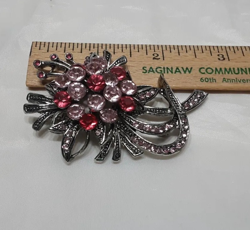 Brooch Pendent Silver Tone Gunmetal Pink Lite Dark Rhinestone Big Flower Bouquet