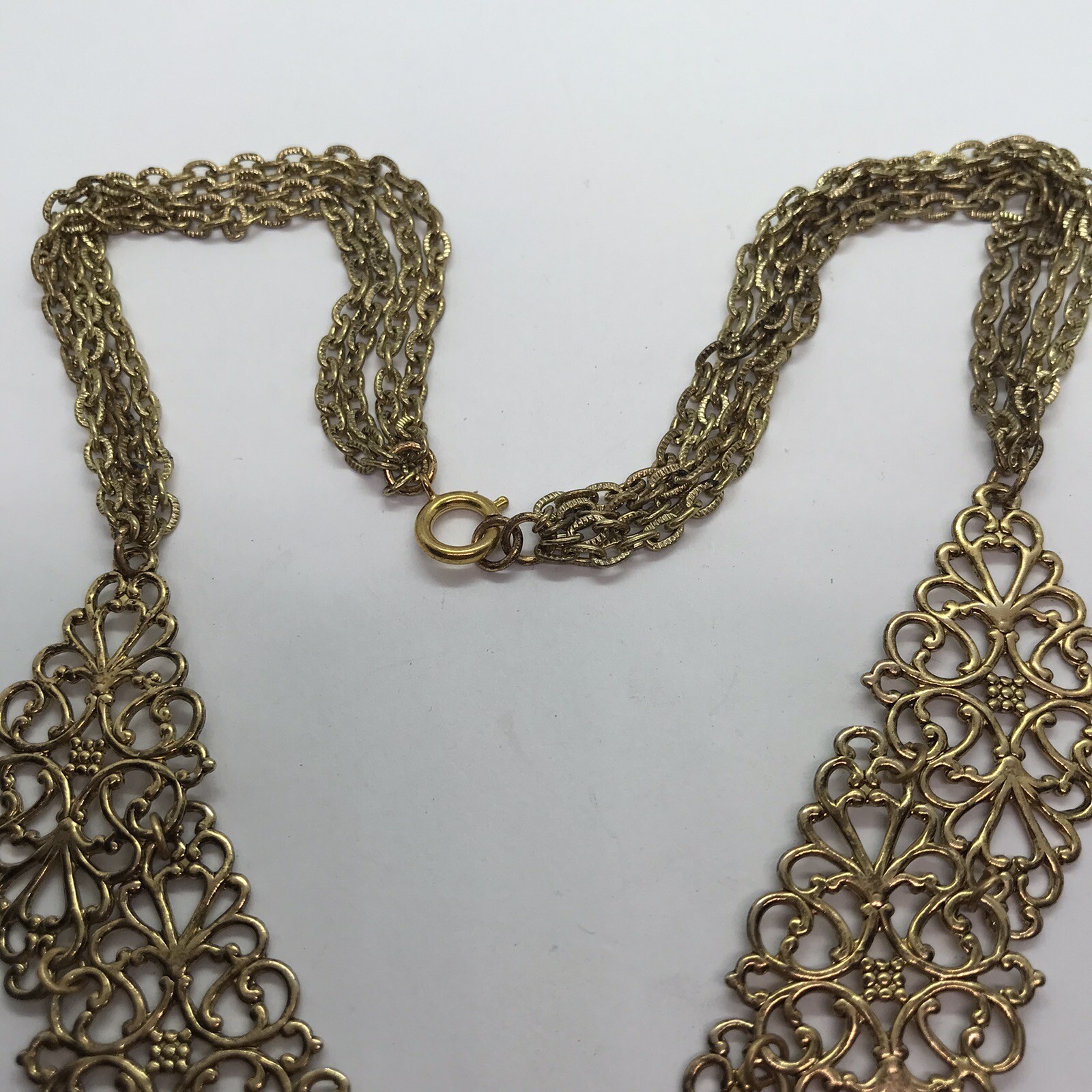 Vintage Necklace filigree Panels Gold Tone Chains Mod Retro Metal