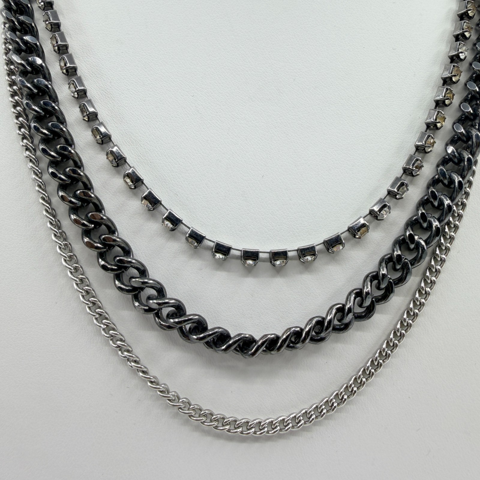 Vintage Gunmetal Tone Layered Necklace Multi Strand Chunky Curb Chain Rhinestone