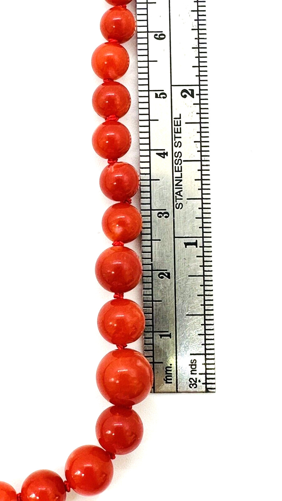 Natural Red Coral 9 mm x 4 mm Strand 18k Yellow Gold Necklace 17.5″