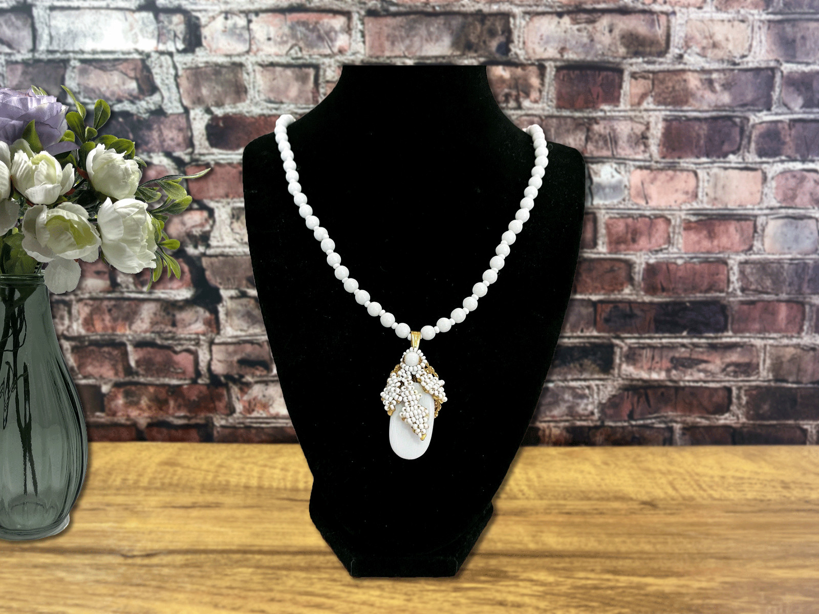 Vintage Mariam Haskell Milk Glass Bead Neck Signed Clasp / Pendant 20”