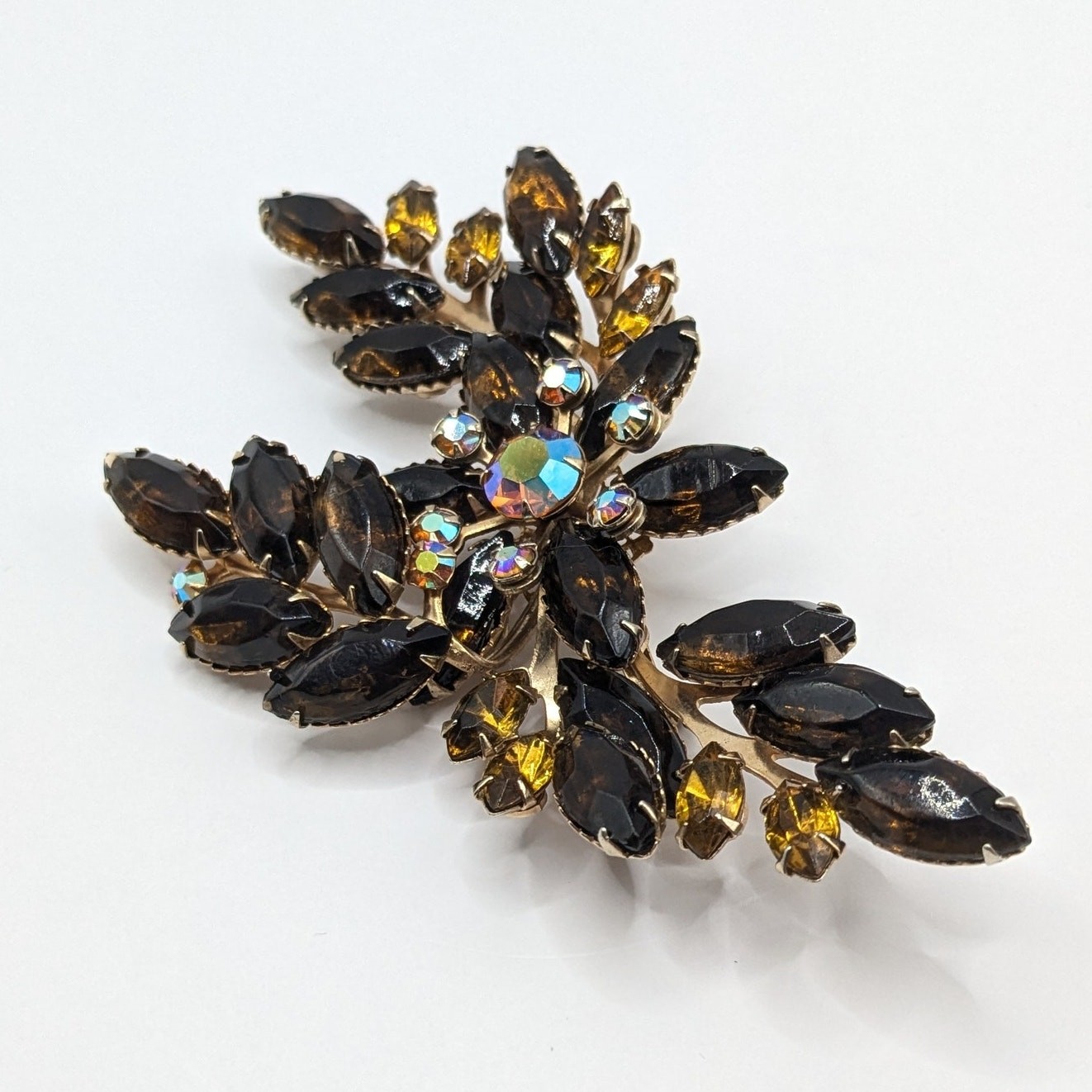 Vintage Large Amber and Yellow AB Glass Rhinestone Gold Tone Flower Brooch 4in