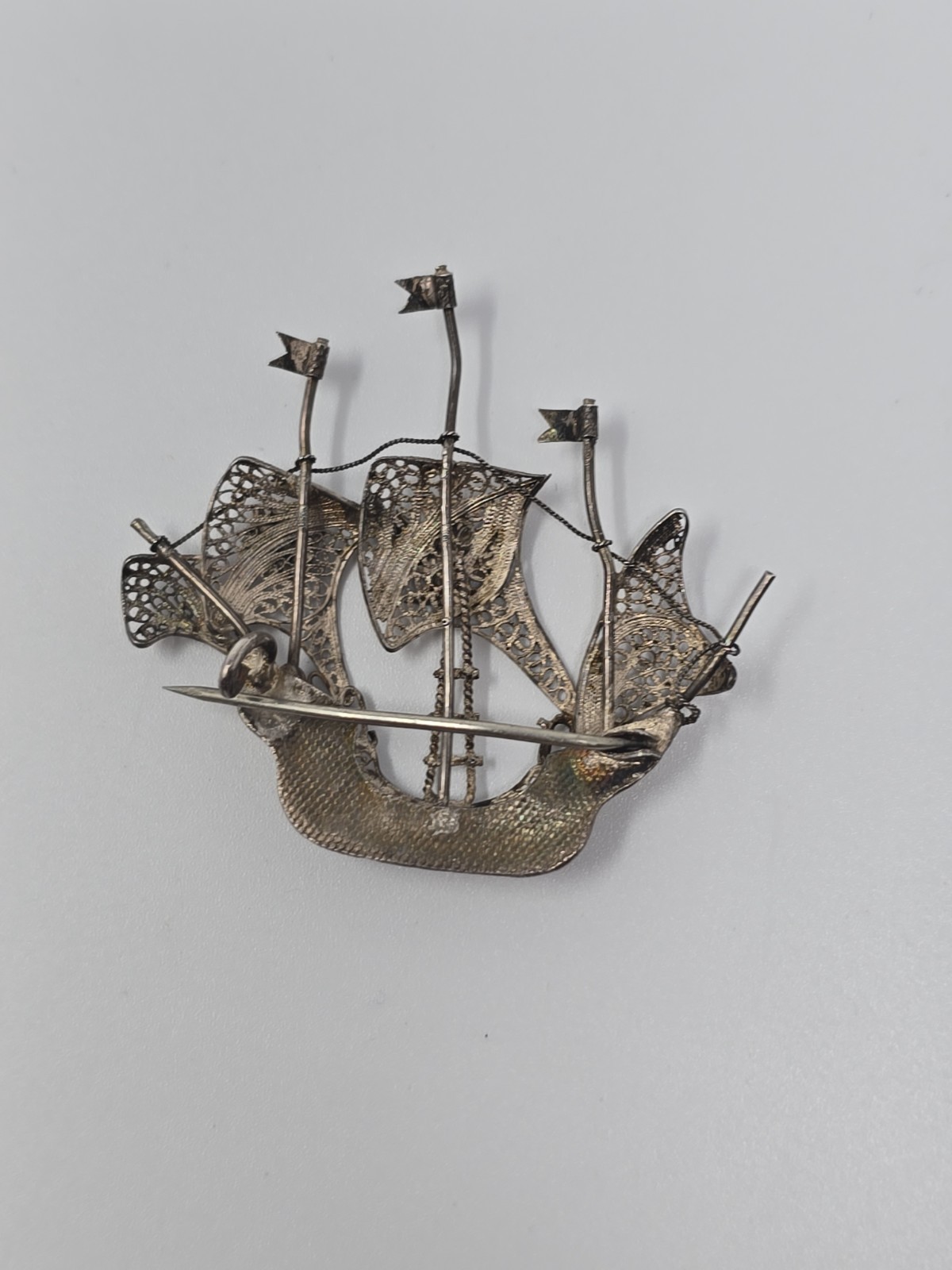 Old Portugal Silver Tone Sail Ship W/ Filigree Brooch Pin