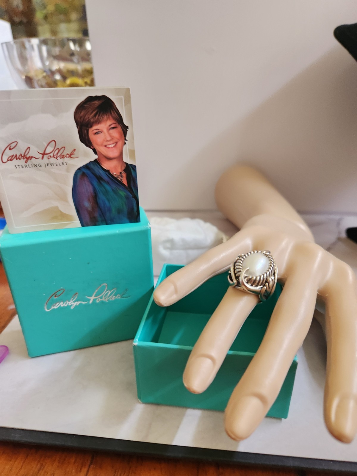 Carolyn Pollack Large Oval Pearl Ring Size 5.4 Box, Bag Sterling Vintage