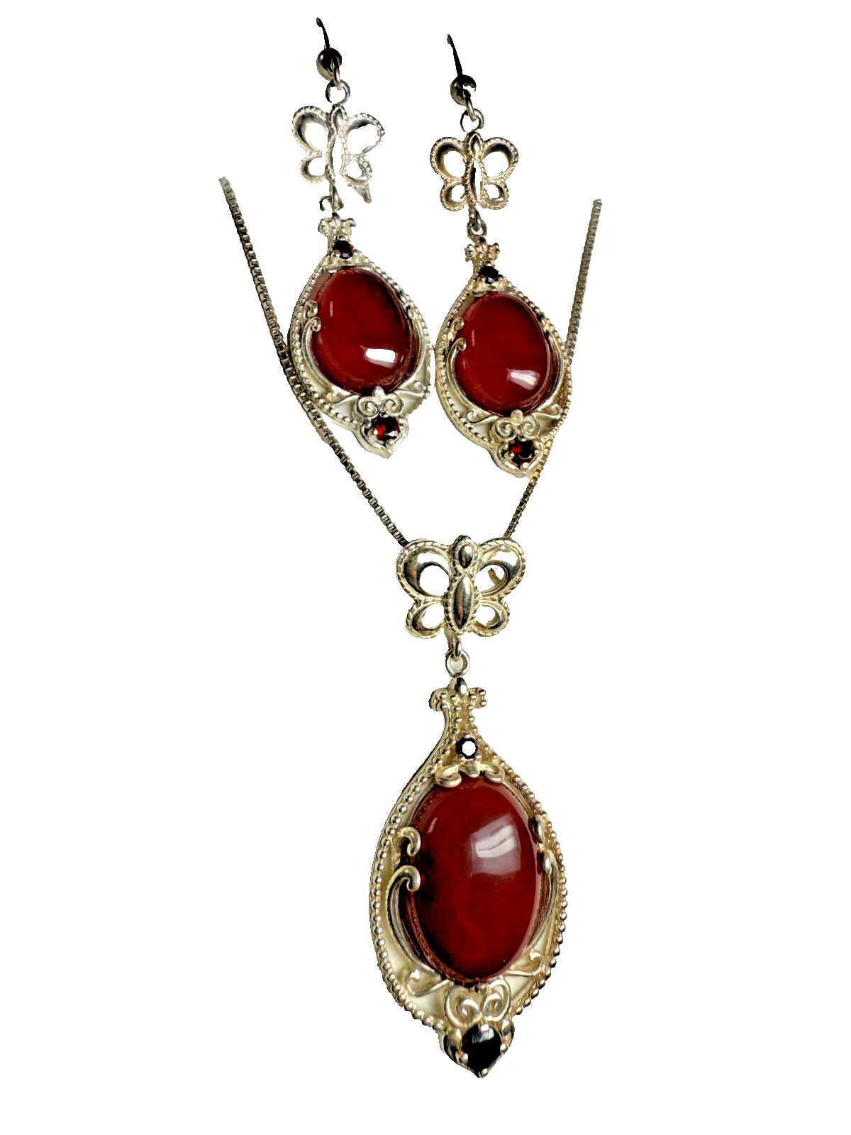 VTG Kit Heath Sterling Silver Butterfly Necklace Earrings Set Red Cabochon 925