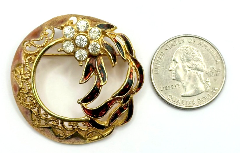 Gold Tone Rhinestones Flower & Multicolor Enamel Brooch Vintage