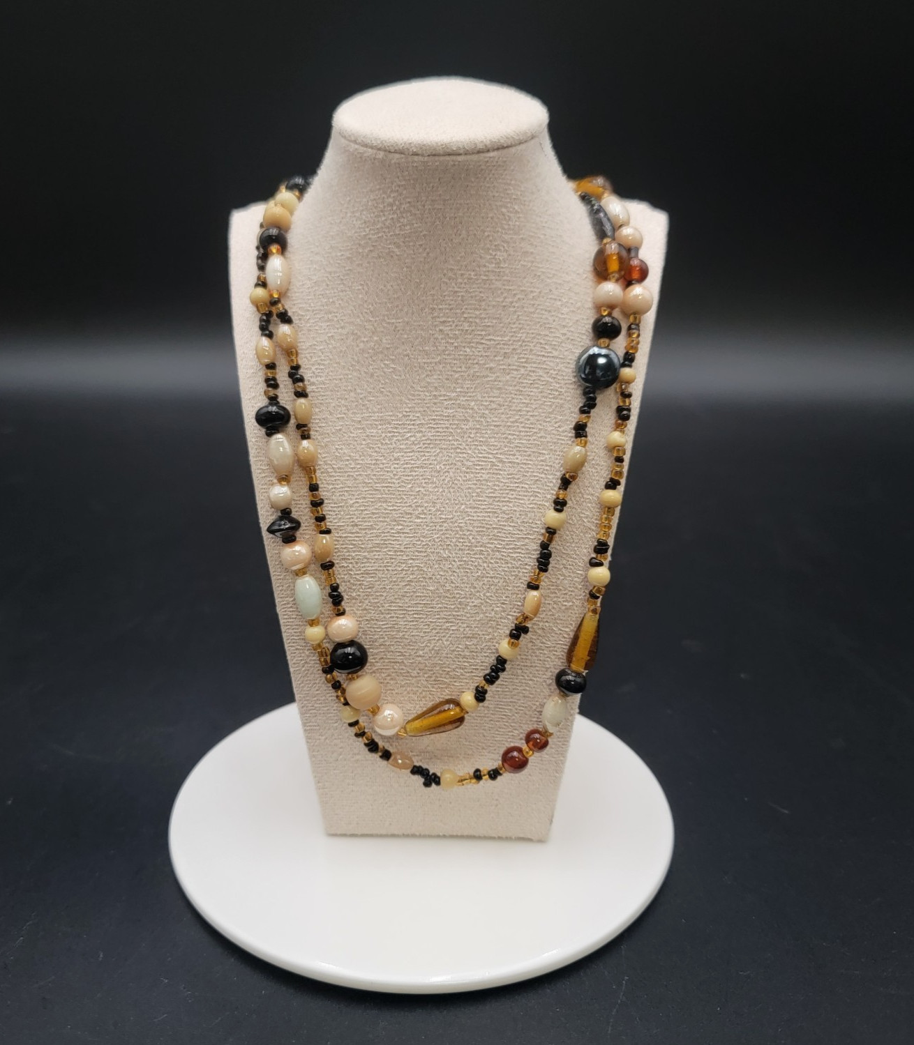Vintage Glass Bead Necklace Long Opera Flapper Boho Cream Black Amber Earth Tone
