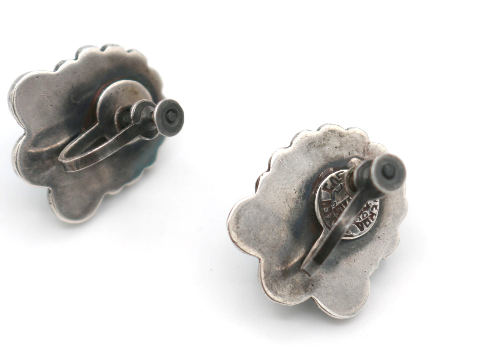 Vintage Taxco Mexican 980 Sterling Silver Blue Glass Clip On Earrings ~ Mexico