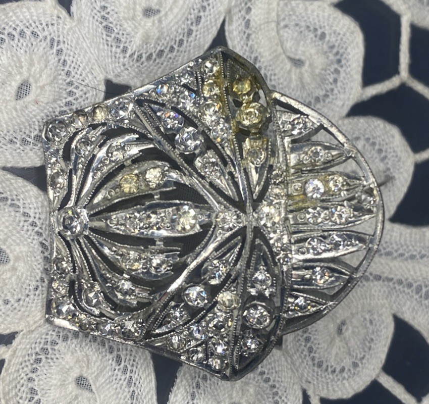 Vintage Art Deco Engraved Fishsom Silver it’s Clear Rhinestone Brooch Shield