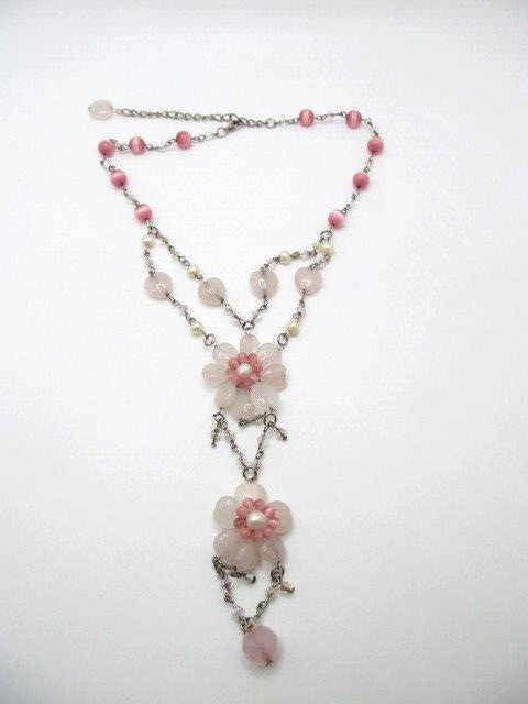 Stunning Pearl Pink Cats Eye Pink Quartz Stone Heart Flower Lariat Necklace