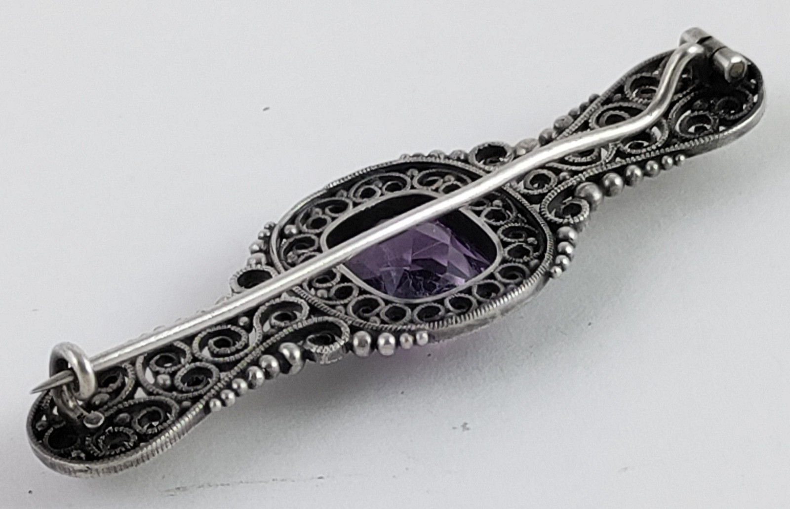 Antique 800 Silver Cannetille Filigree Pin w/Bezel Set Faceted Amethyst Stone