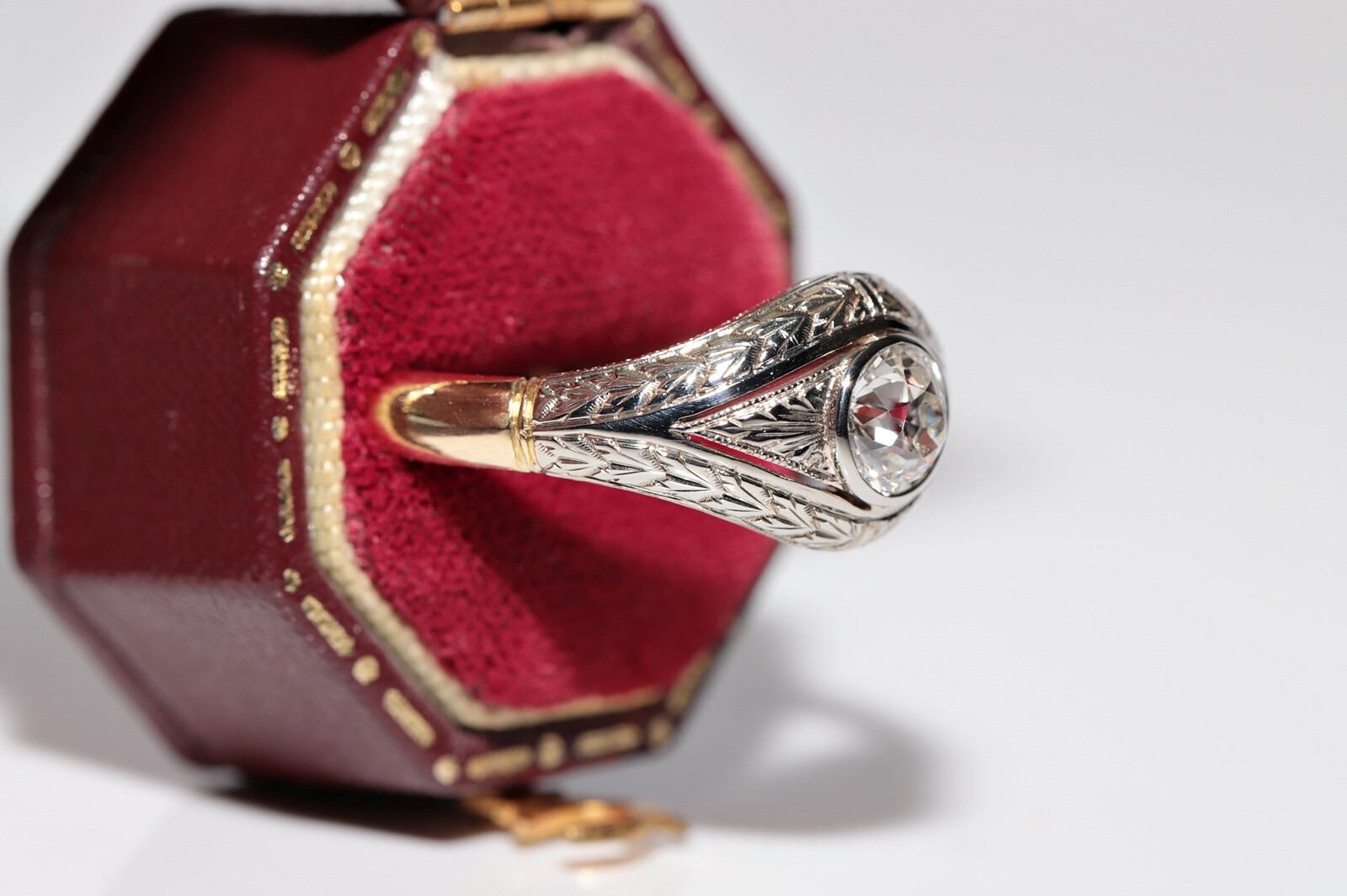 Antique Circa 1920s Art Deco 18k Gold Natural Diamond Decorated Solitaire Ring