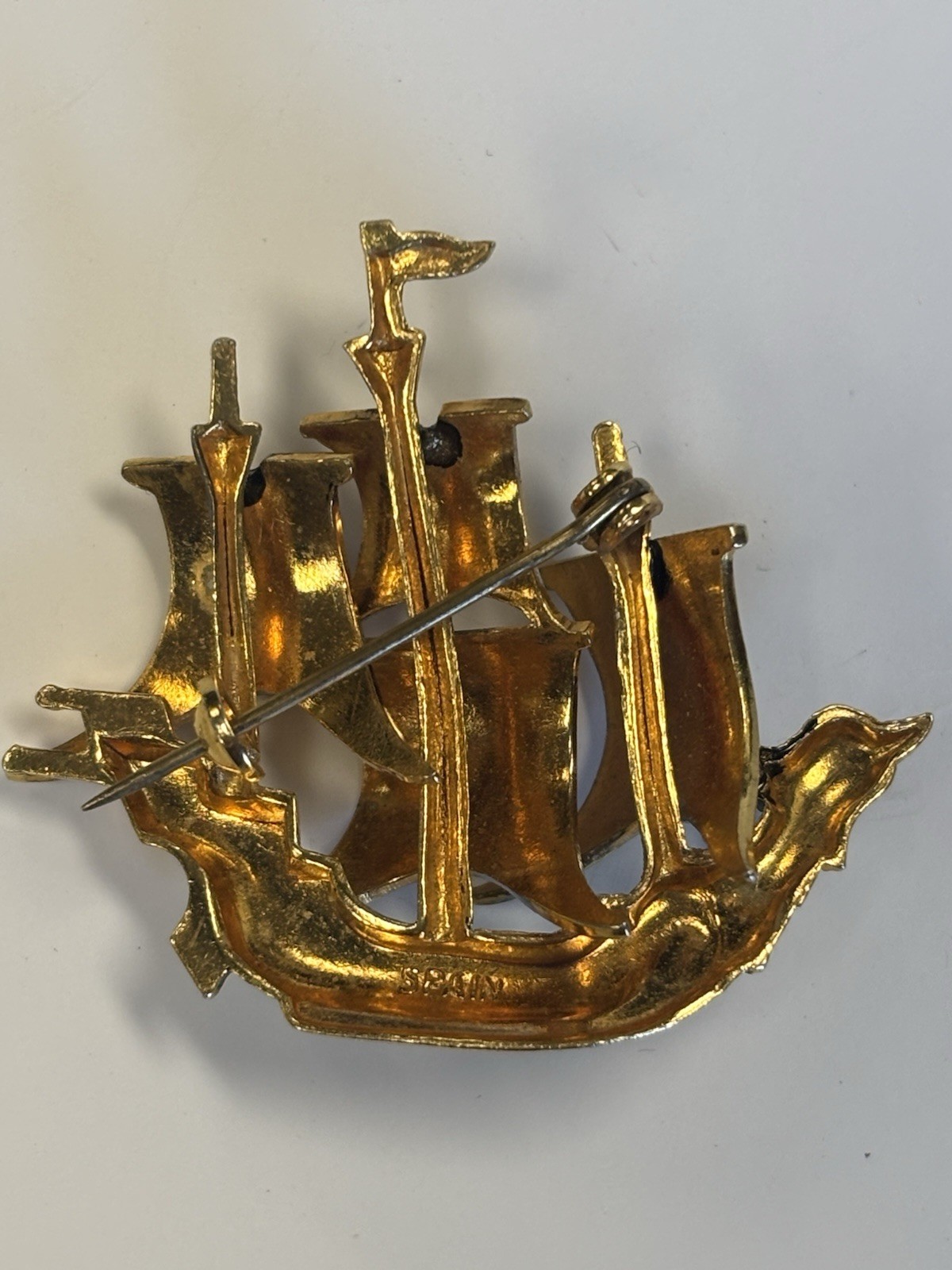 Vintage Damascene Ship Brooch Spanish Galleon Sailing Sail Boat Pin Spain