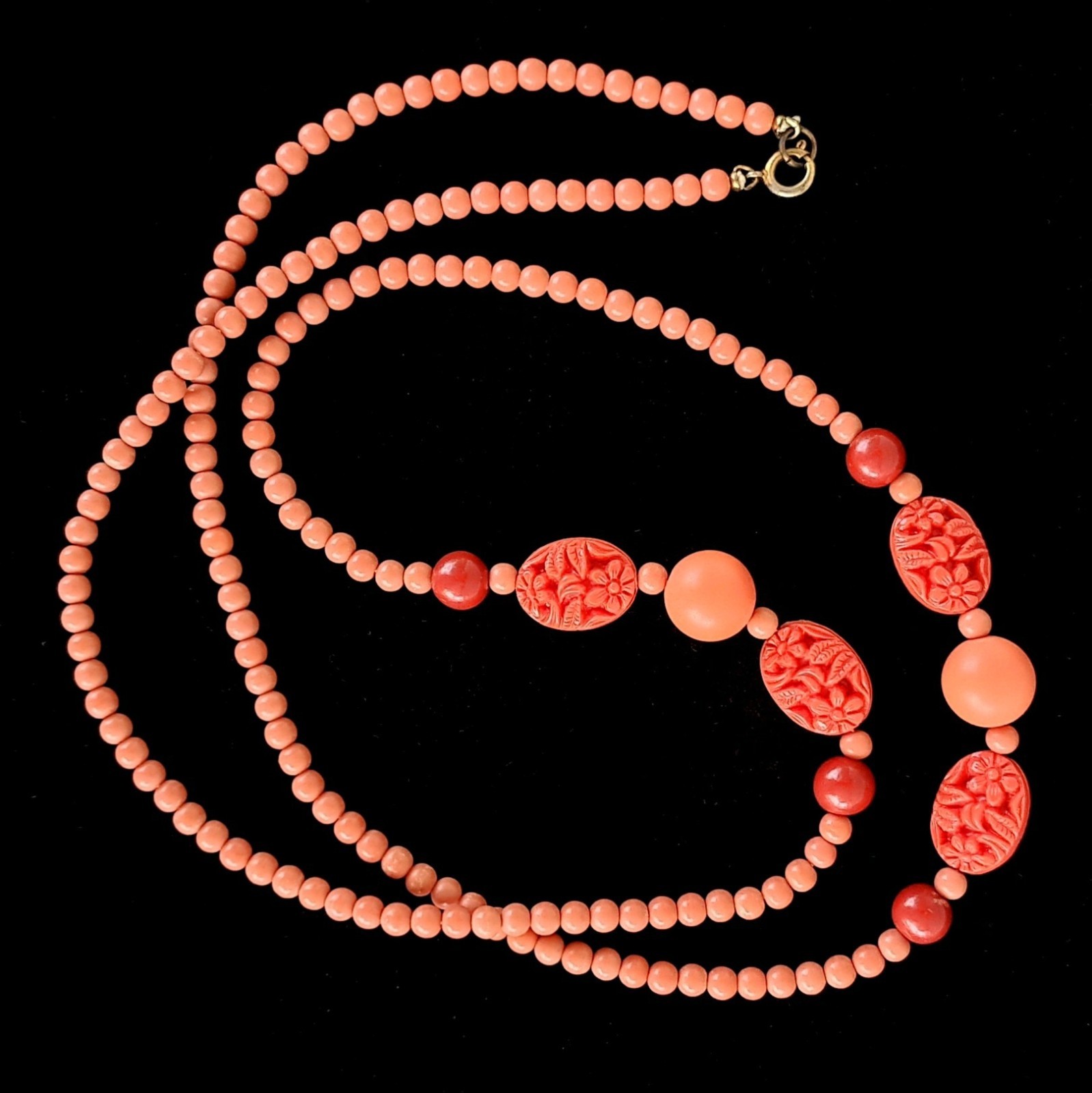 Vintage 30″ Faux Coral Necklace Pink Peach Salmon Color—Art Deco Nouveau MCM