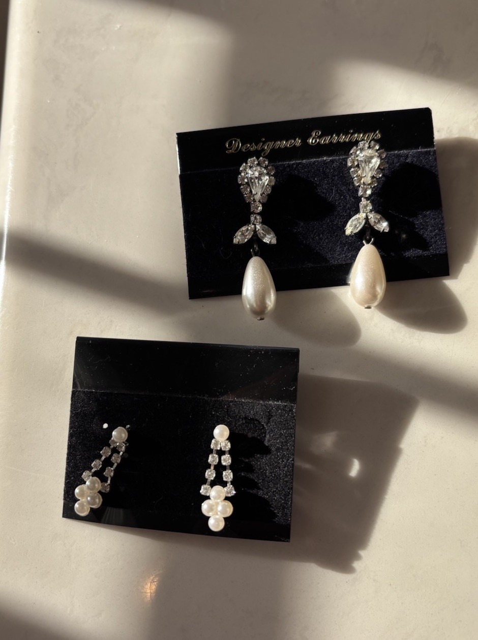 Vintage Costume Jewelry Faux Pearl And Rhinestones Drop Earrings (2 Pairs)