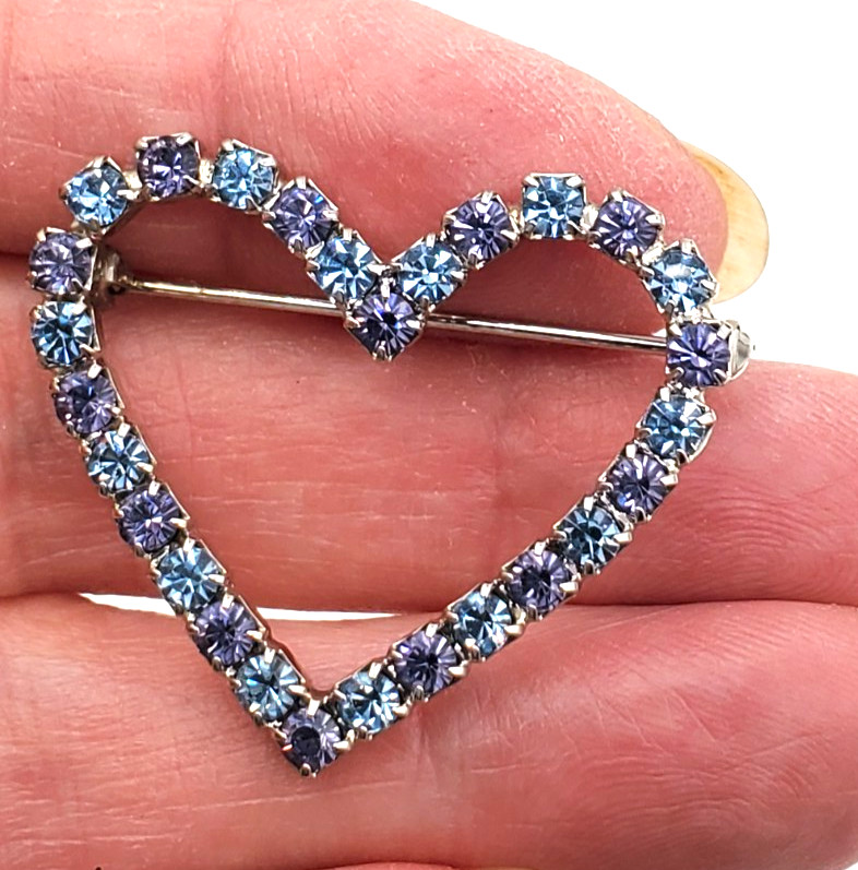 Vintage Purple and Blue Rhinestone Heart Pin