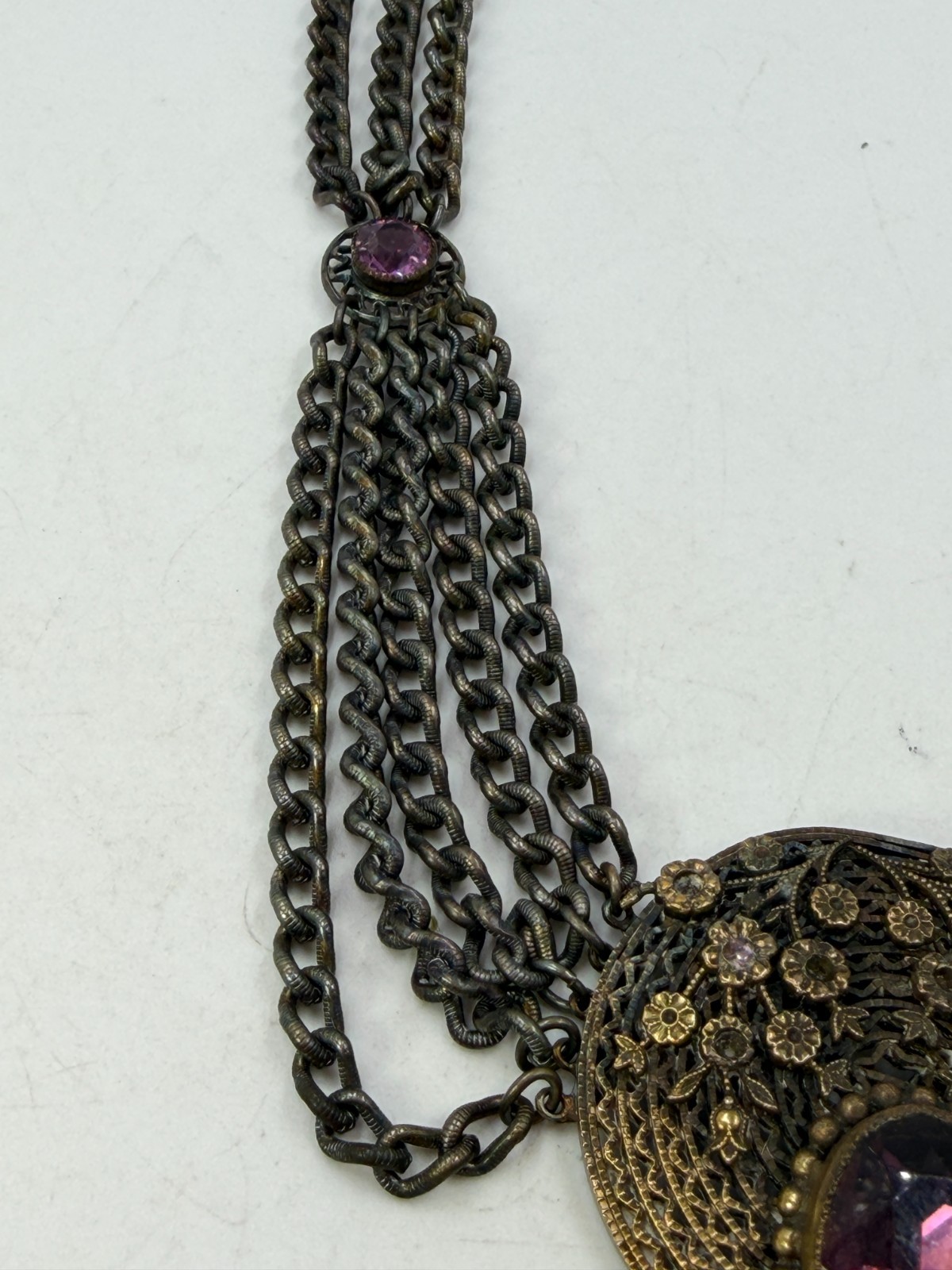 Vintage Necklace Gothic Victorian Swag Chain Purple Glass Pendant 16 in PJ