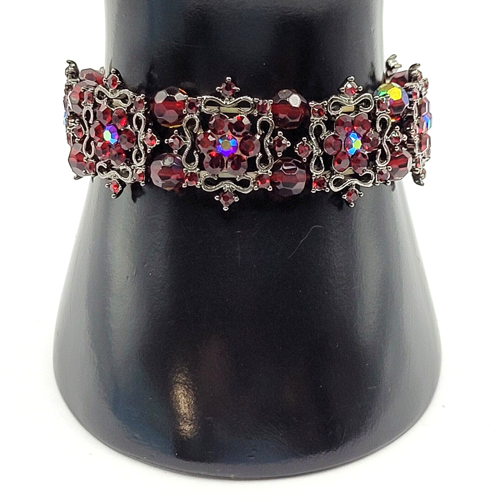 Red AB Crystal Sparkle Flower Floral Metal Ornate Fancy Event Stretch Bracelet