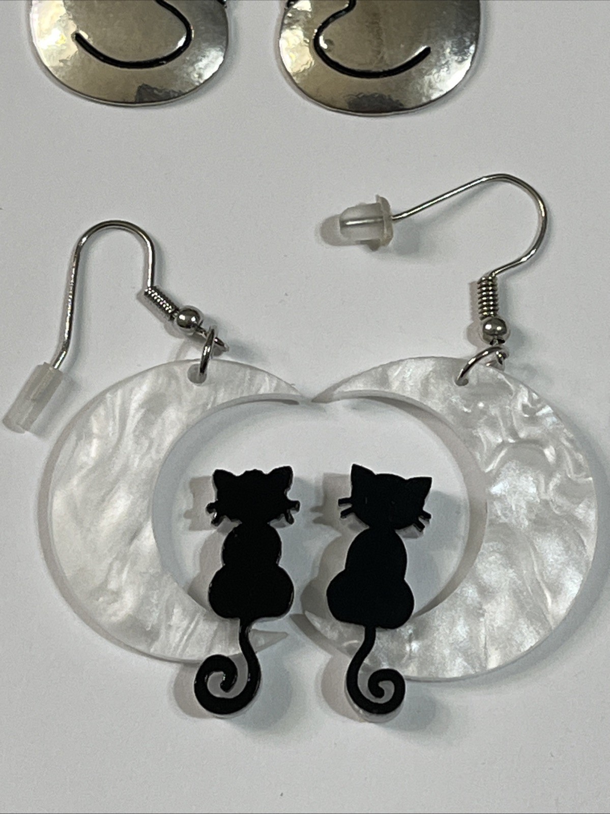 Cat Pierced Earrings Lot of 4 Kitty Black Cat Moon Flower Silvertone Halloween