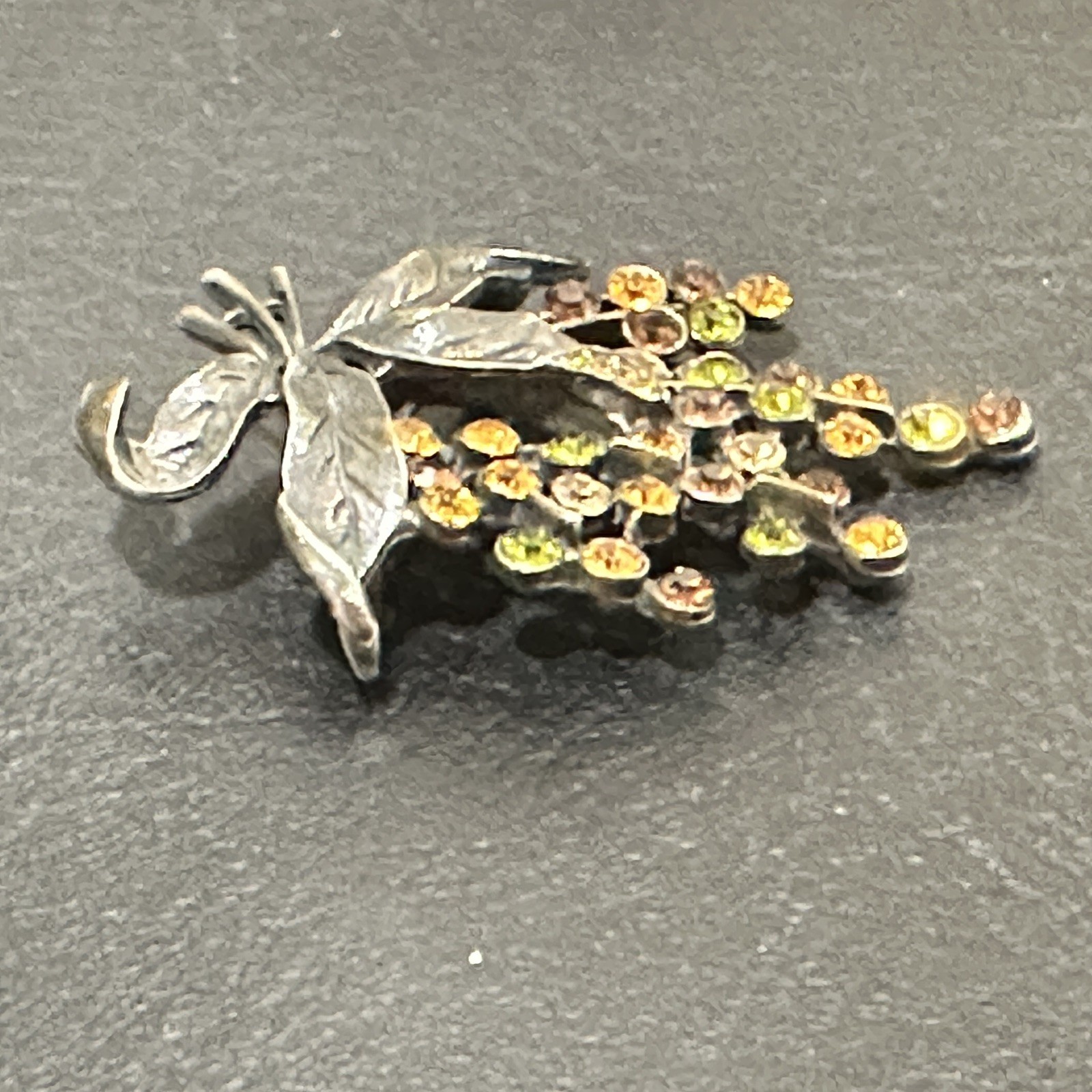 Vintage Rhinestone Leaf Spray Brooch Green Gold Brown Fall Colors Sparkle Autumn