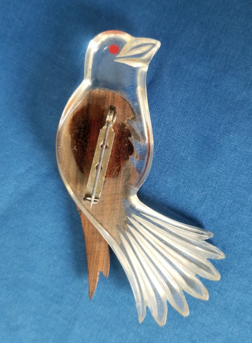 Vintage Lucite And Wood Carved Bird Pin Hawk Eagle 3 1/4″
