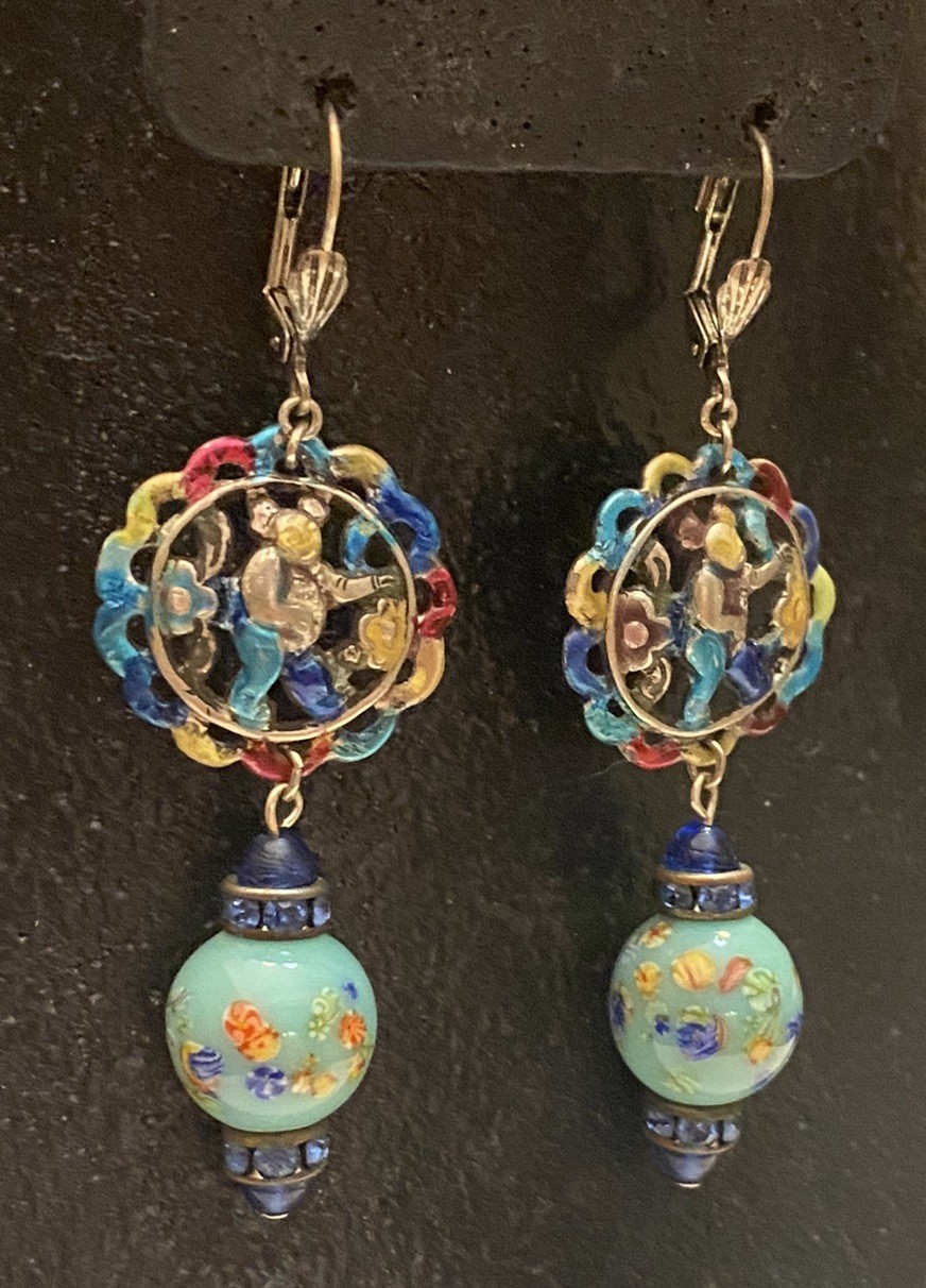 Vintage Asian Themed Colorful Ronde Bosse Enamel Art Glass Rhinestone Earrings