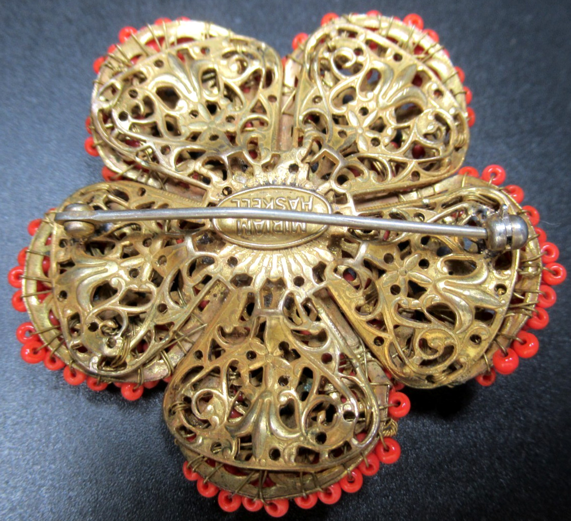 MIRIAM HASKELL Orange Glass Beaded Flower Vintage Pin Brooch