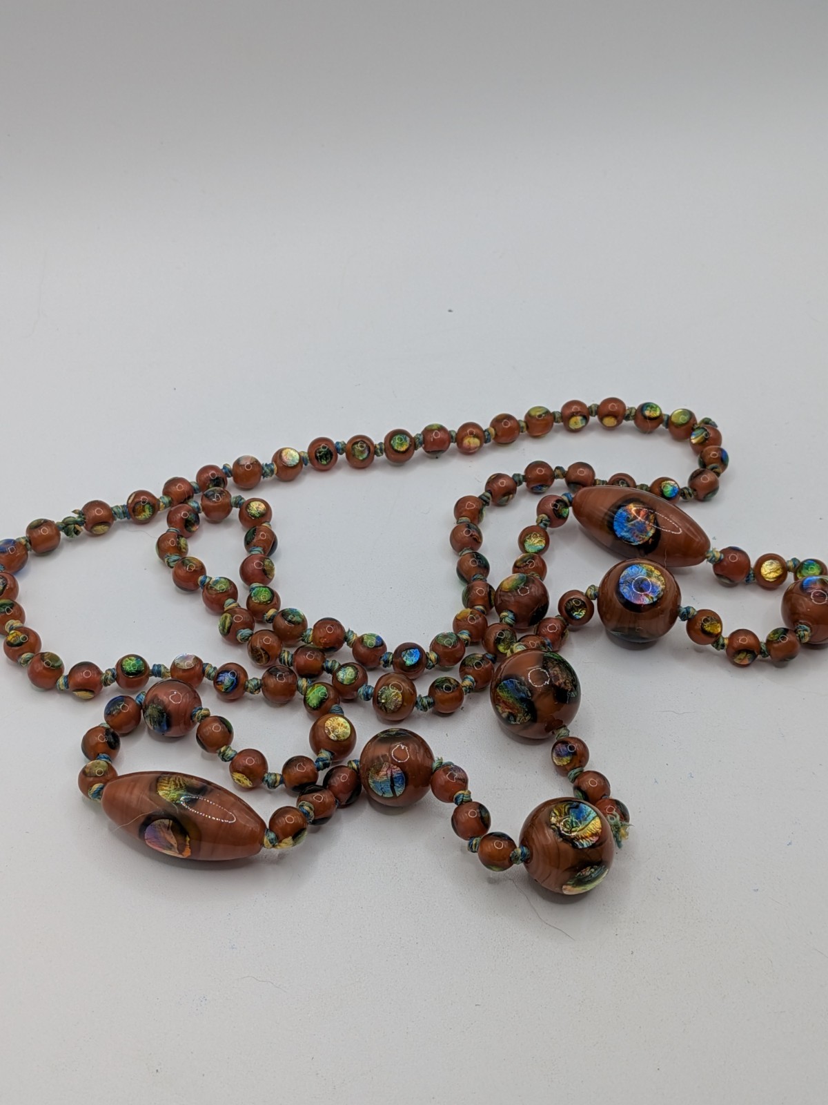 Art Deco Antique Czech Glass Rainbow Foil Peacock Eye Bead Necklace Brown Read