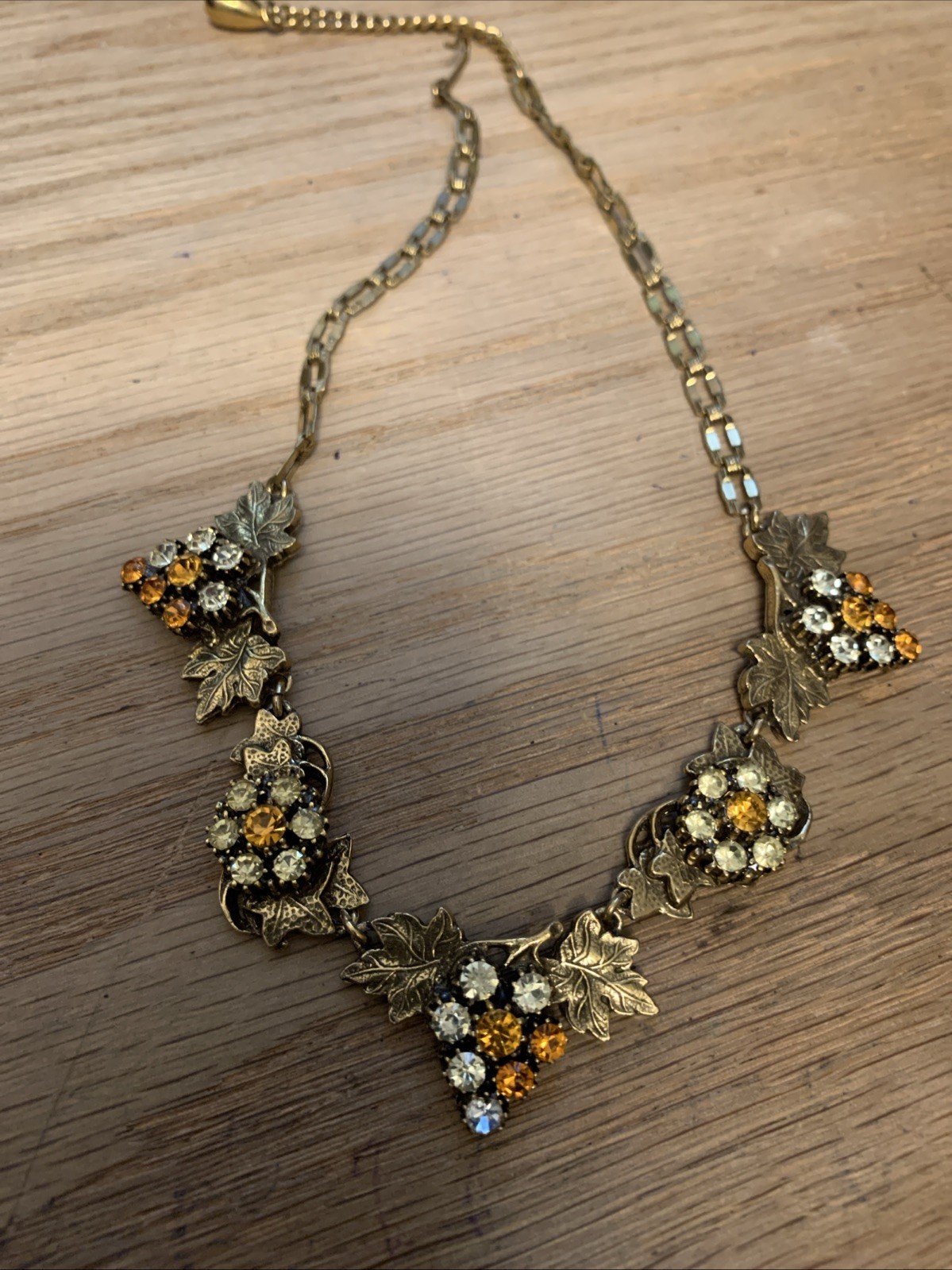 Vintage Unsigned Rhinestone Grape Cluster & Leaves Necklace
