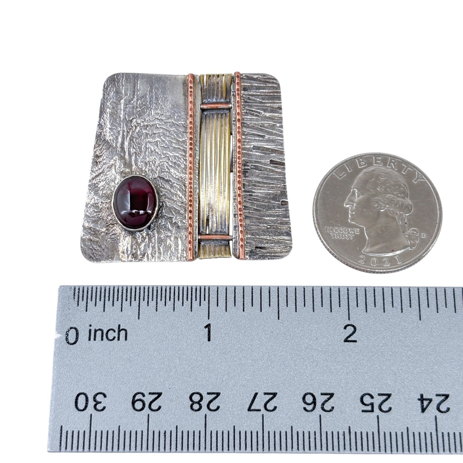 Artisan Sterling Silver 925 Mid Century Modern Mixed Metal Garnet Pin Brooch