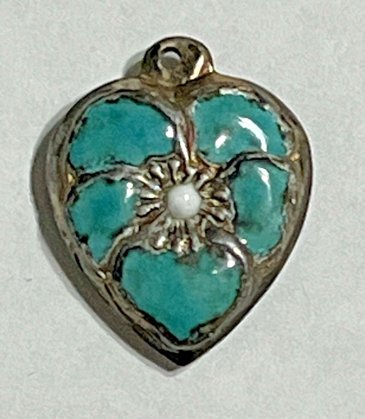 Sterling Silver Heart Flower Charm Puffy Enamel Pansy 925 Vintage Stamped Blue