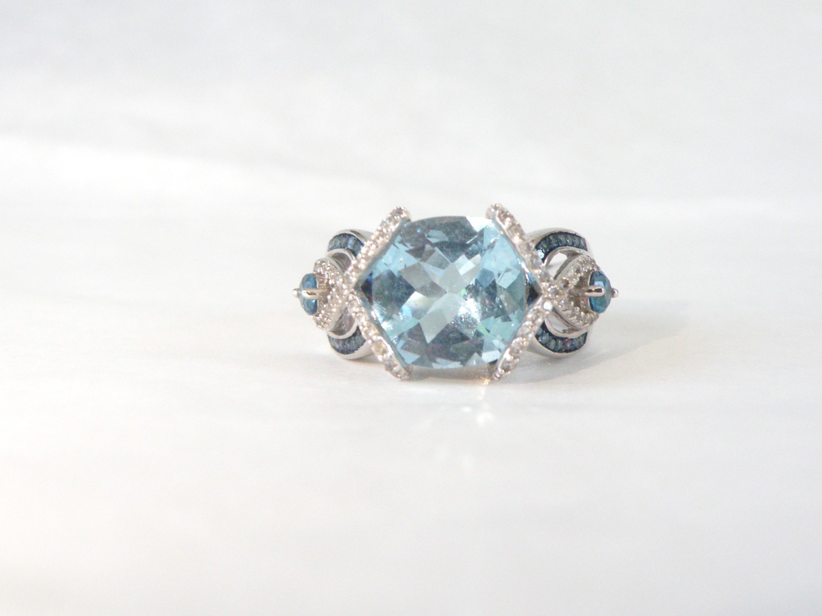 Vintage Style Sterling Silver 925 Natural Heated Blue Topaz Diamond Ring Size 6
