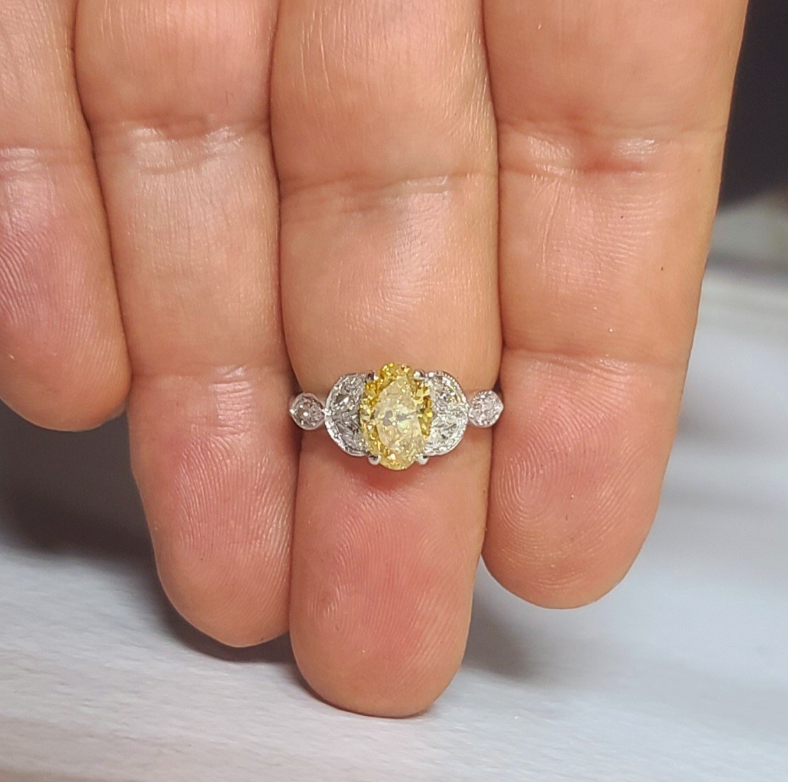 Vintage Platinum Engagement Ring 1.52CT.Natural Yellow Diamond Oval Shape