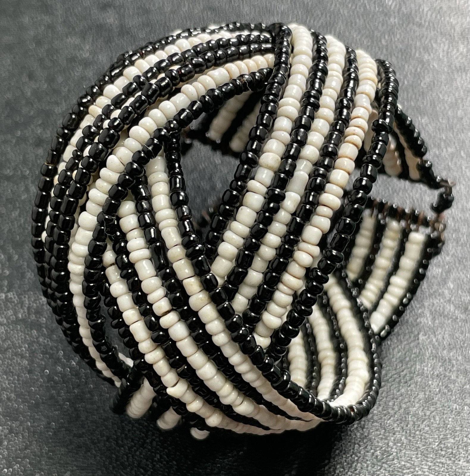 Vintage 2” Wide White & Black Glass Beaded Wrap Bracelet