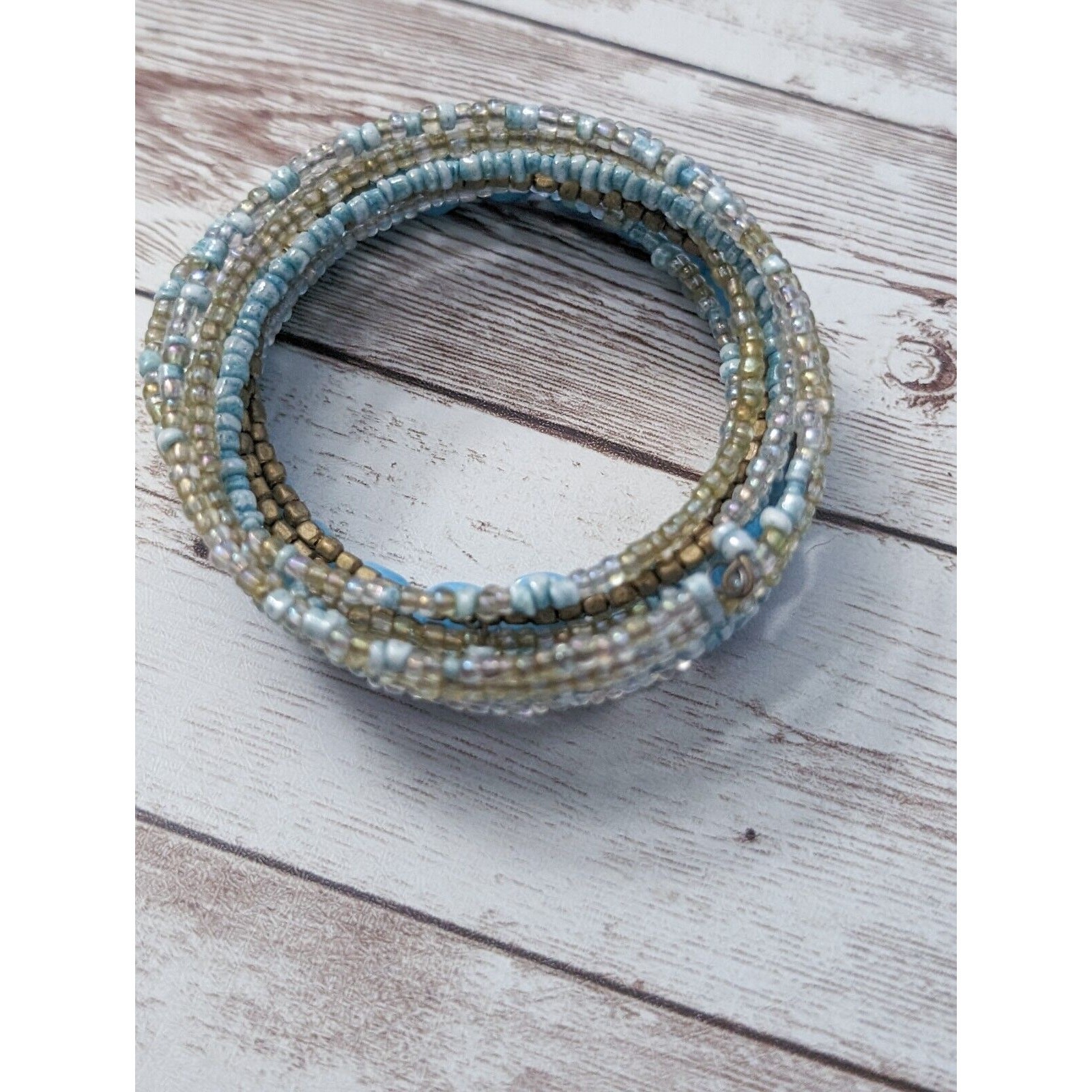 Vintage Wrap Bracelet / Bangle – Beaded Light Blue & Bronze Tones