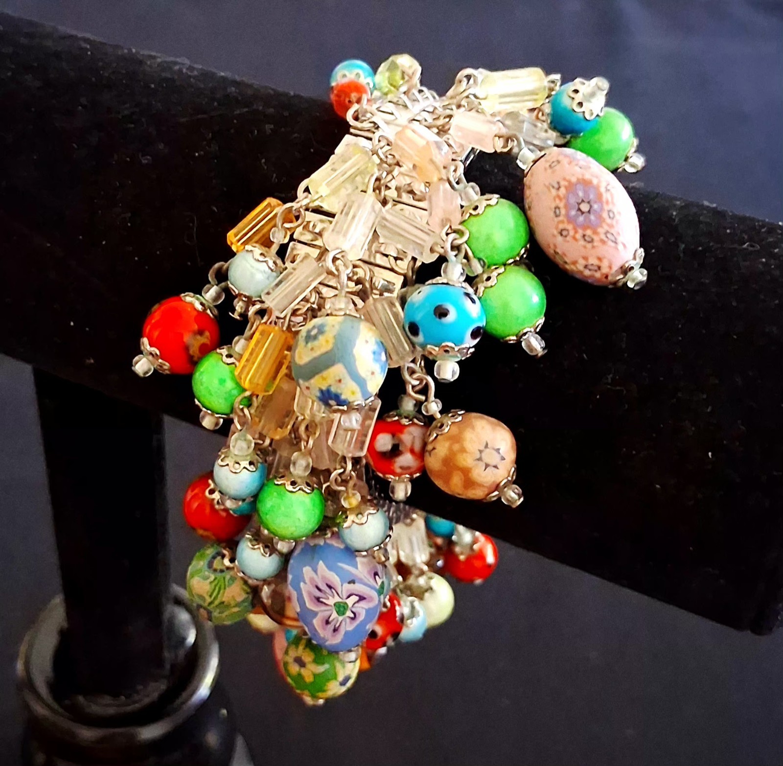 Vtg Cha-Cha Charm Bracelet Millefiori Venetian Glass Clay Crystal Beads Stretch