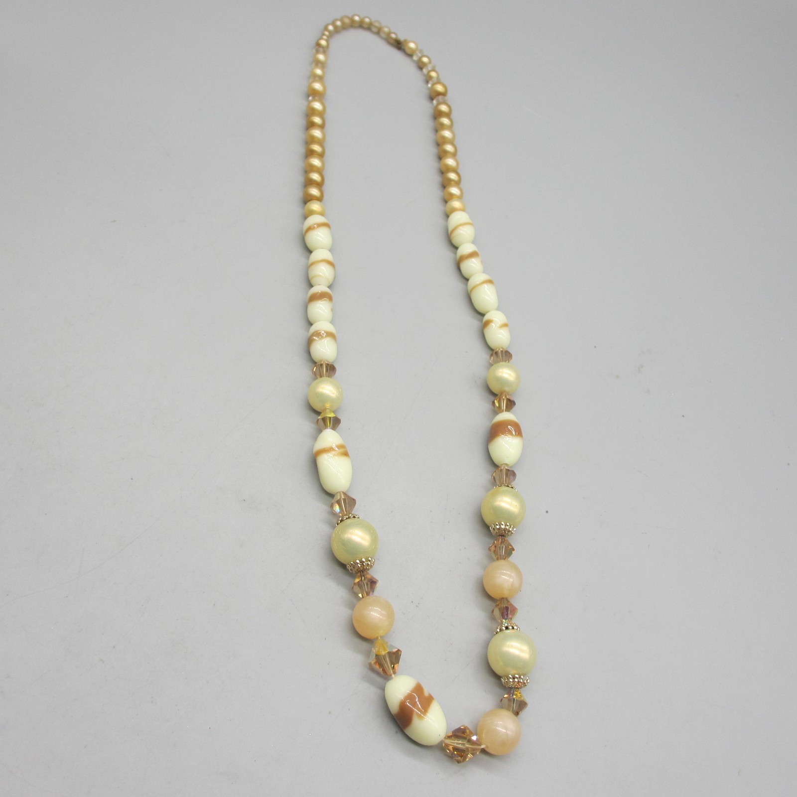 Vintage Glass Beaded Necklace Cream Peach White Brown 24 Inch