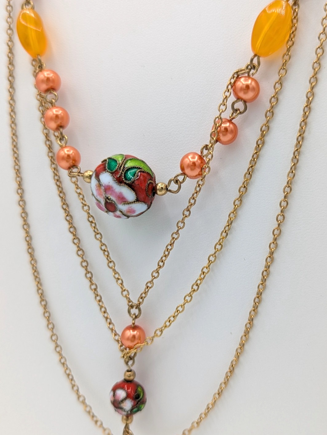 Cloisonne Beaded Festoon Necklace Floral Peach Orange Multi layered Gold Chains