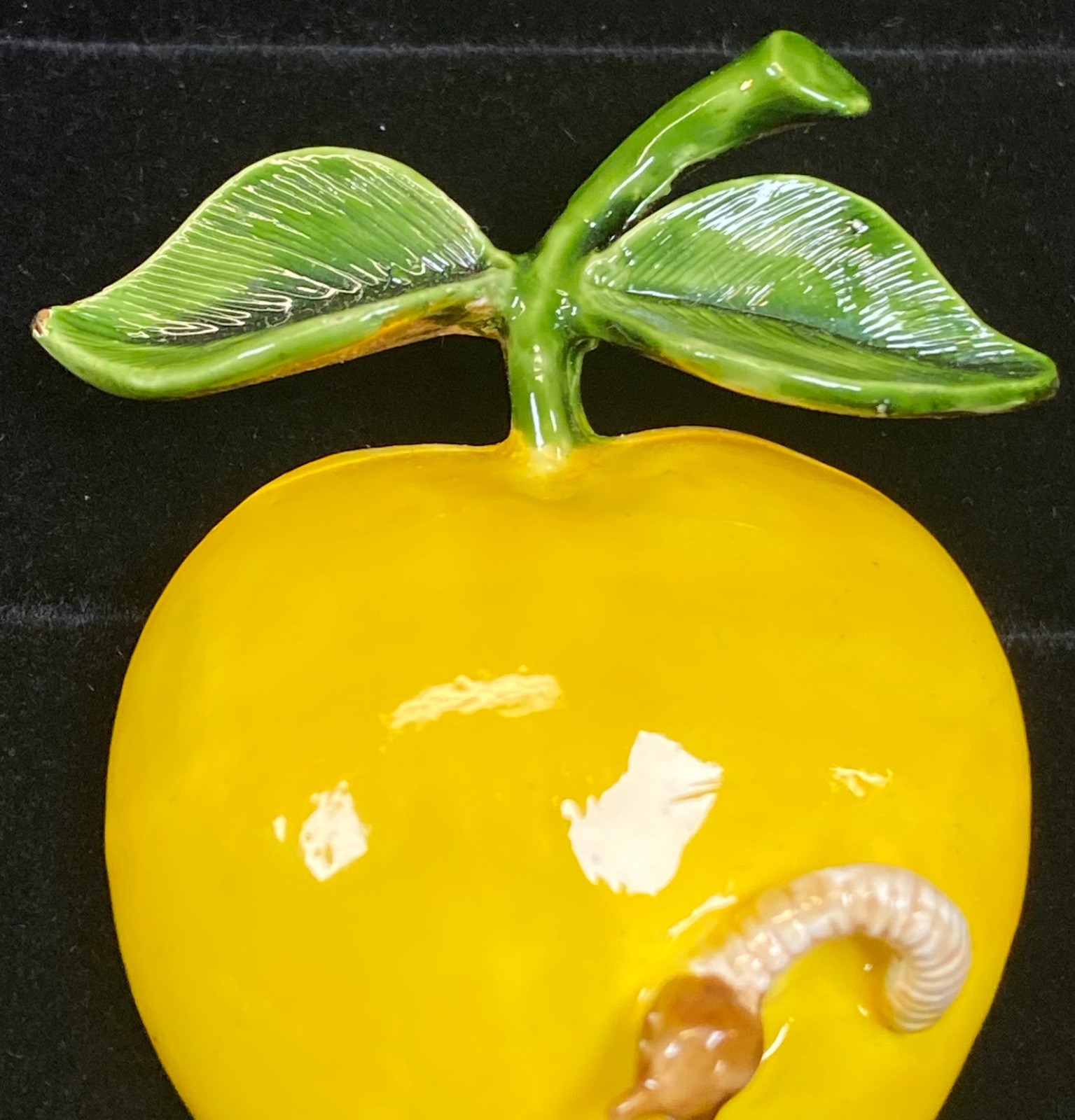 Vintage Brooch Pin Yellow Apple Worm 60s MCM Enamel Gold Tone Original By Robert