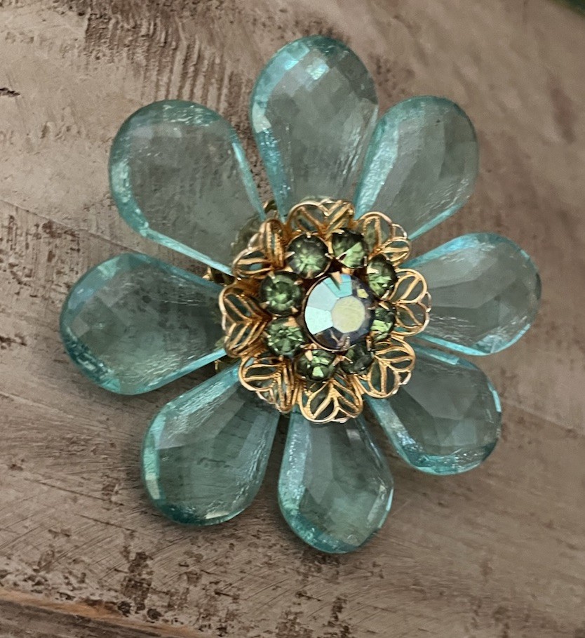 Vintage Mid Century Jumbo Lucite AB Blue Green Aqua Crystal Flower 3” Brooch