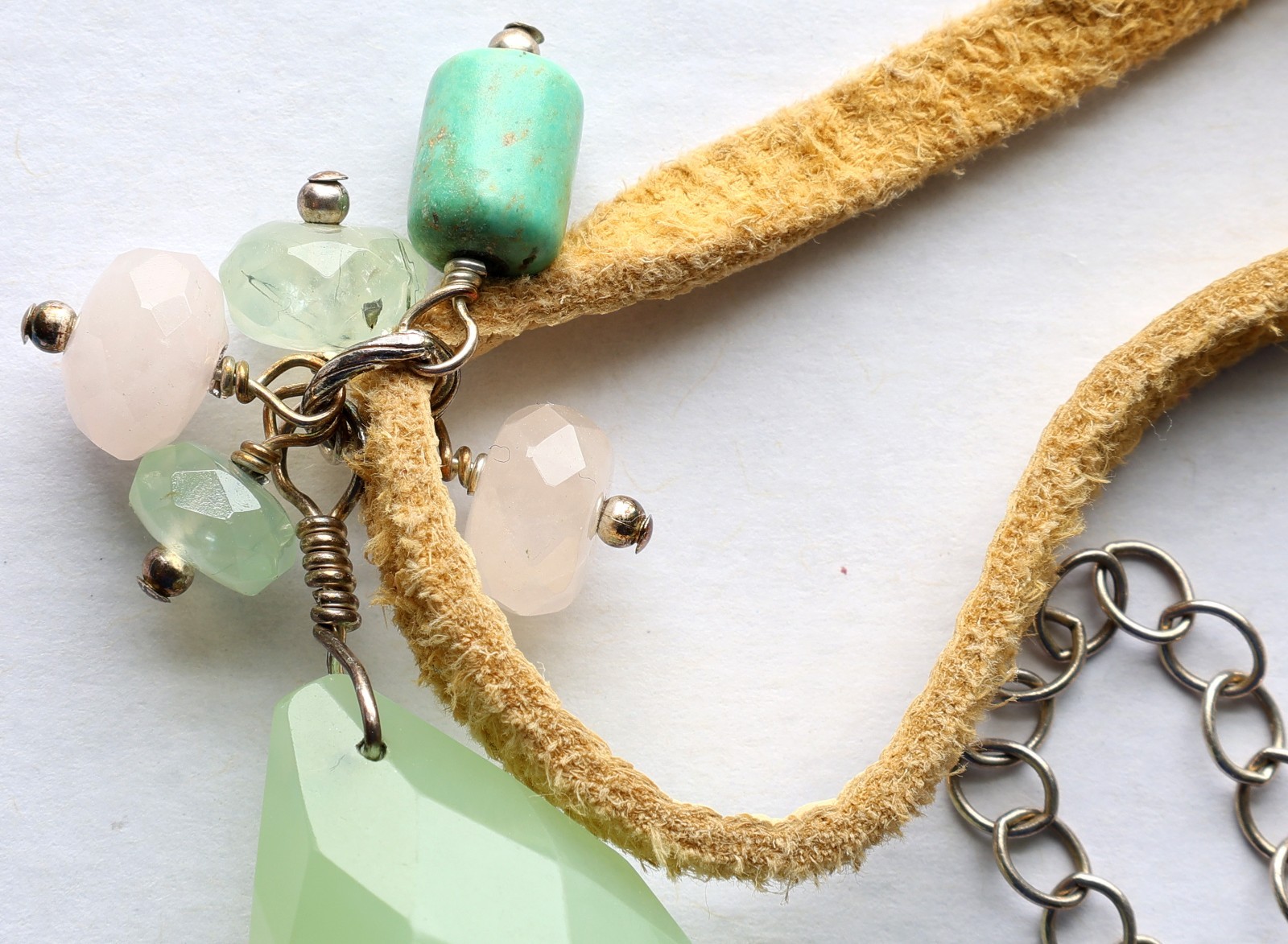 BARSE Sterling Necklace 20″ Suede Green Faceted Pendant Beads .925 Silver VTG