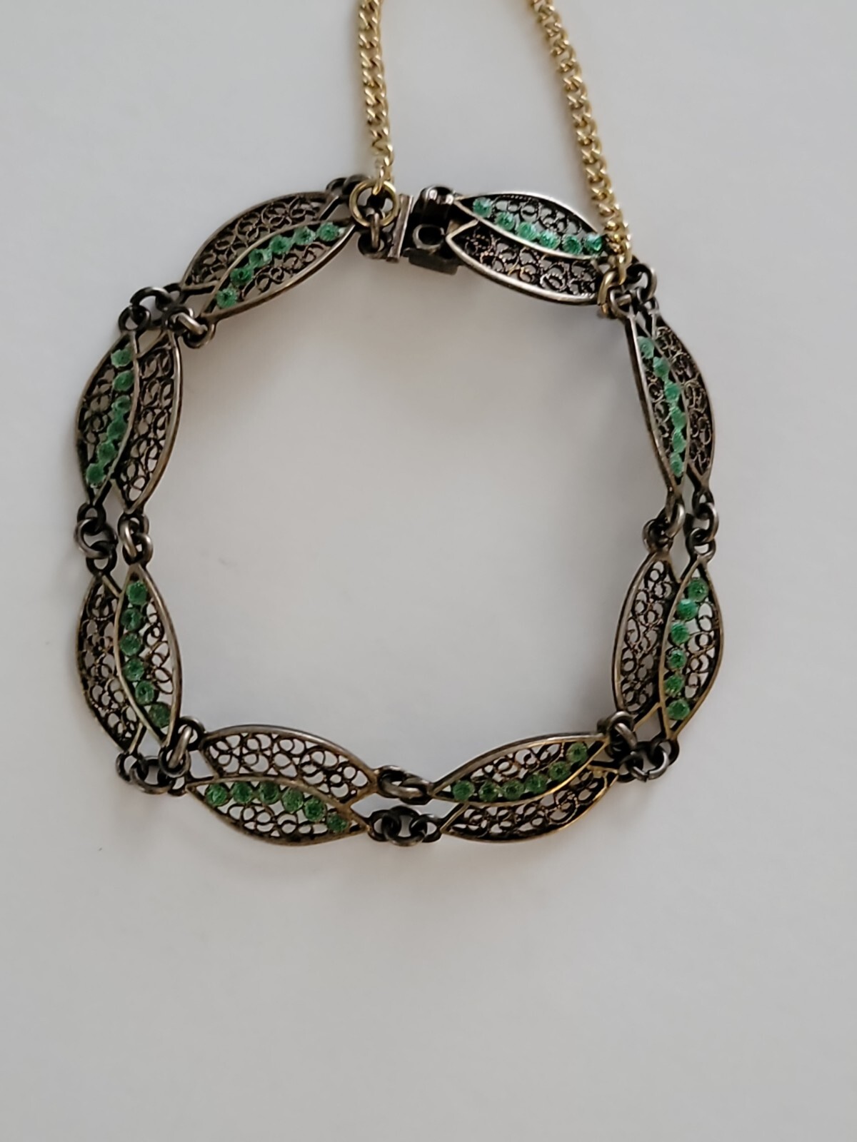 Vintage Cannetille & Green Enamel Bracelet, 6″ 800 Silver