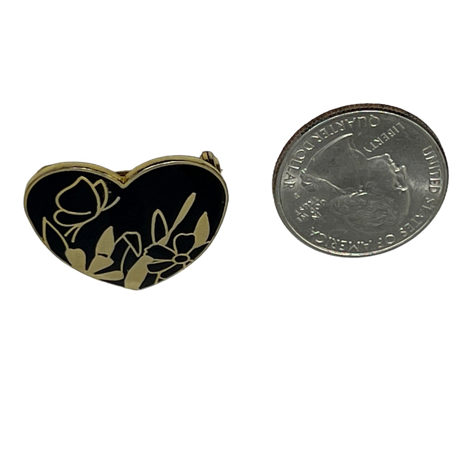 Vintage Heart Brooch Flower Butterfly Gold Tone and Black Enamel
