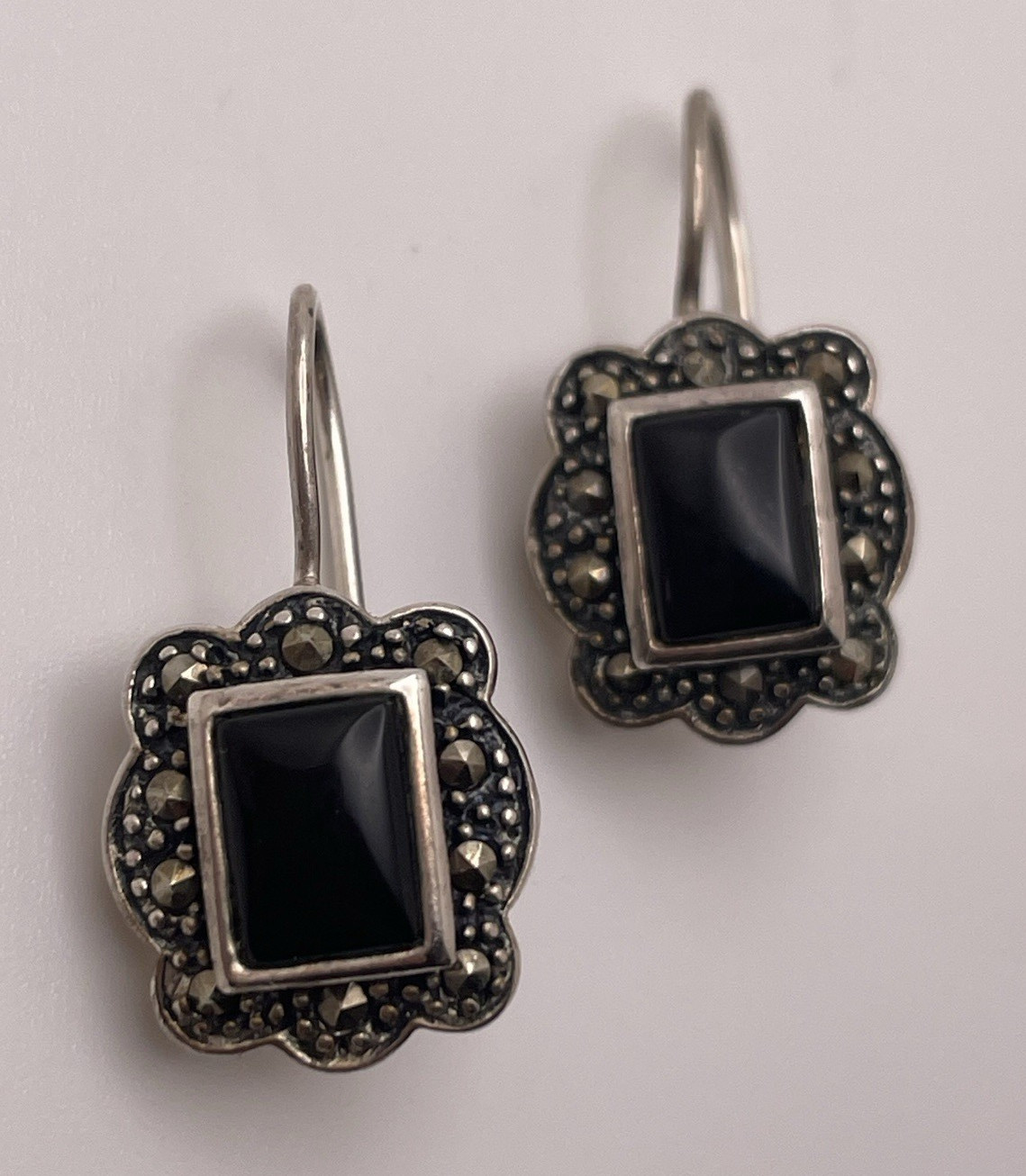 Vintage Sterling Silver 925 Onyx Marcasite Hook Earrings Dee Berkley DBJ 7/8”