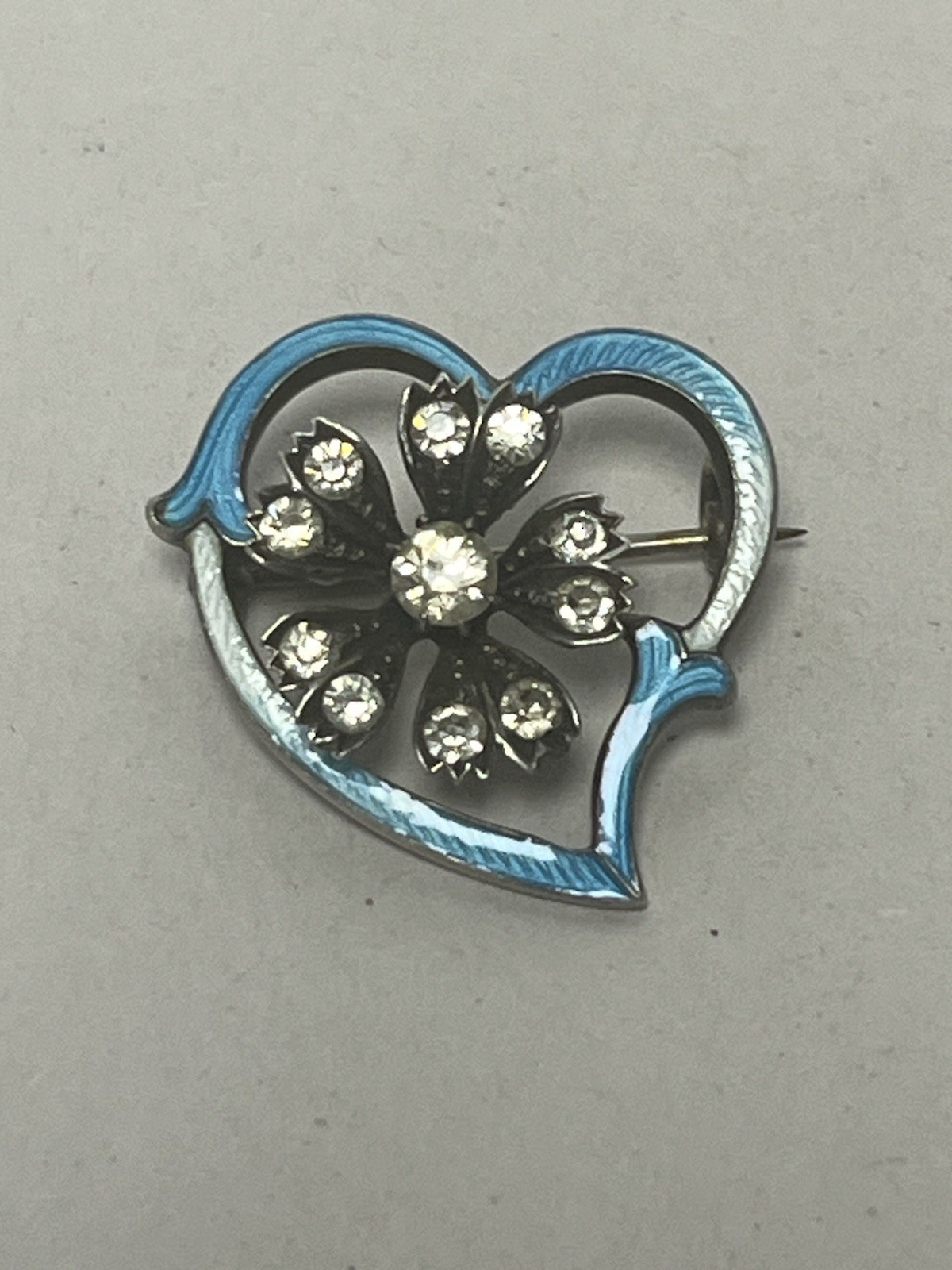 Antique Victorian Edwardian British Silver Paste Witch’s Heart Brooch Enamel 1″